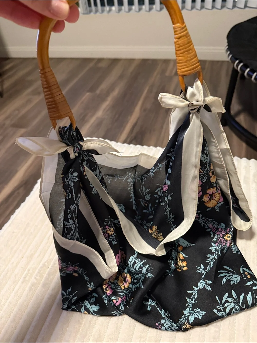 Floral Black Silk-Feel Scarf Tote with Bamboo Handles